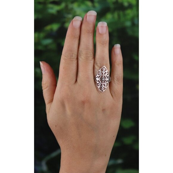 Sterling Silver Filigree Ring Navette Ring Size 8 - Picture 2 of 7